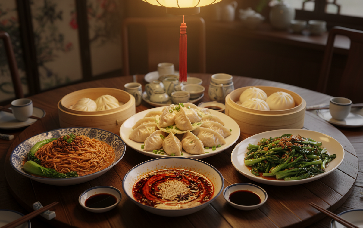 dining table with chinese dishes and chili oil as dip